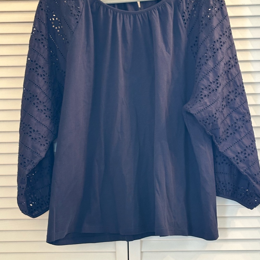 J. Crew Women's Navy Eyelet Sleeve Top